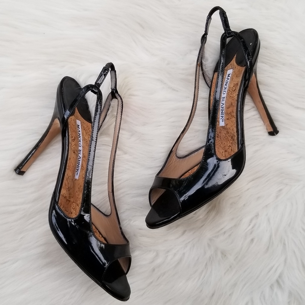 Manolo Blahnik | Patent Leather Peep Toe Heels